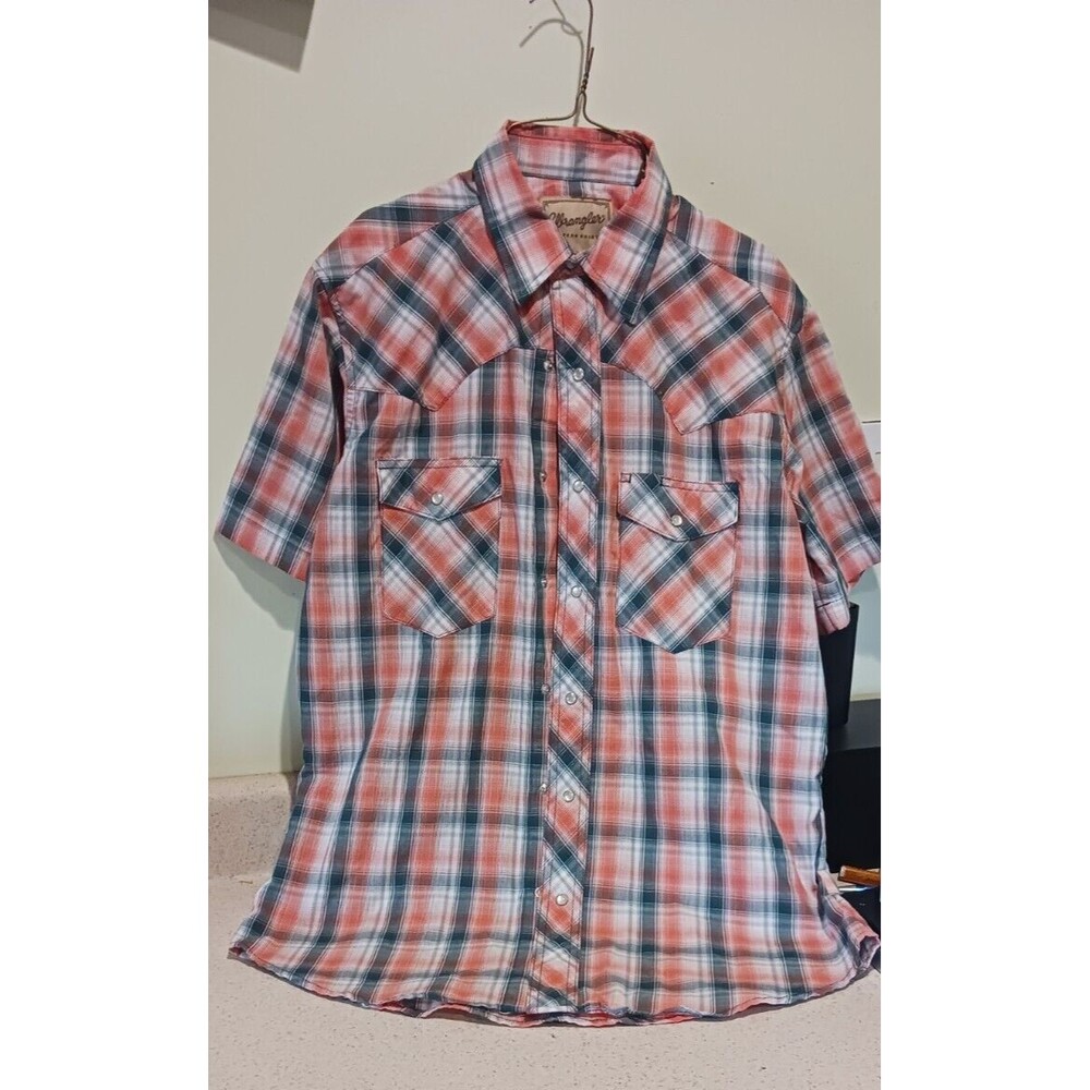 Wrangler Western Cowboy Shirt Orange Short Sleeve Pearl Snap Mens medium Rodeo